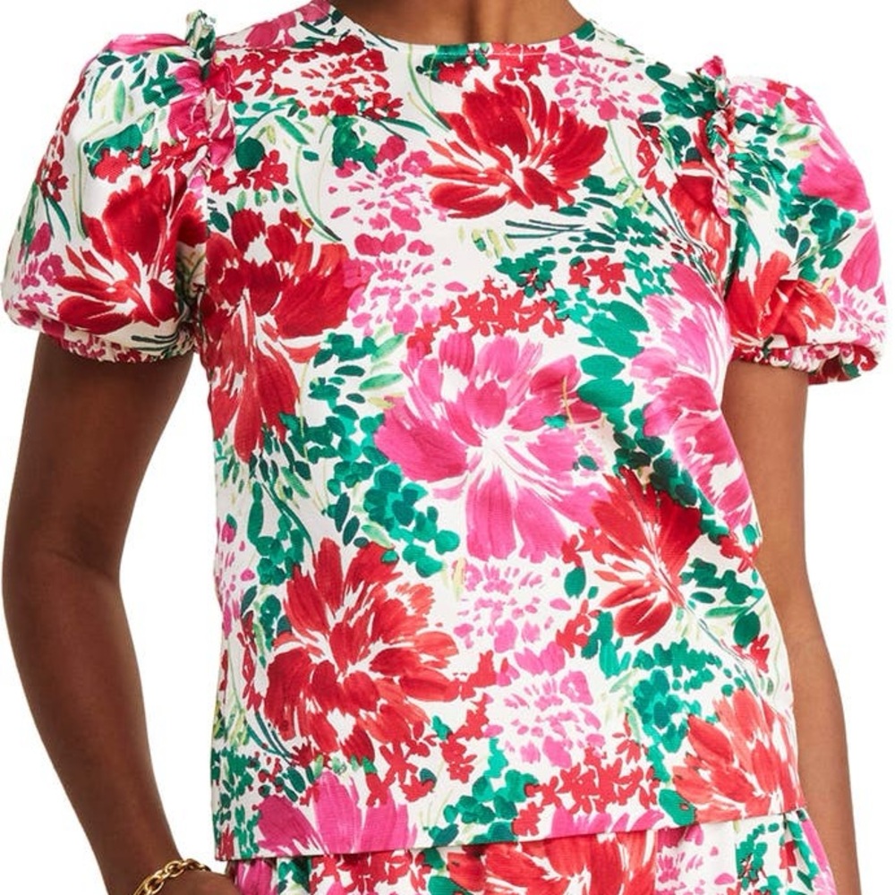 Vineyard Vines Brush Floral Print Puff Sleeve Top